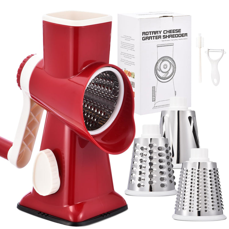 Rotary Cheese Grater with Handle Kitchen Shredder Slicer Grater Slicer Ice Shaver Cheese Vegetable Nuts Potato Zucchini Chocolate 3 Interchangeable Blades