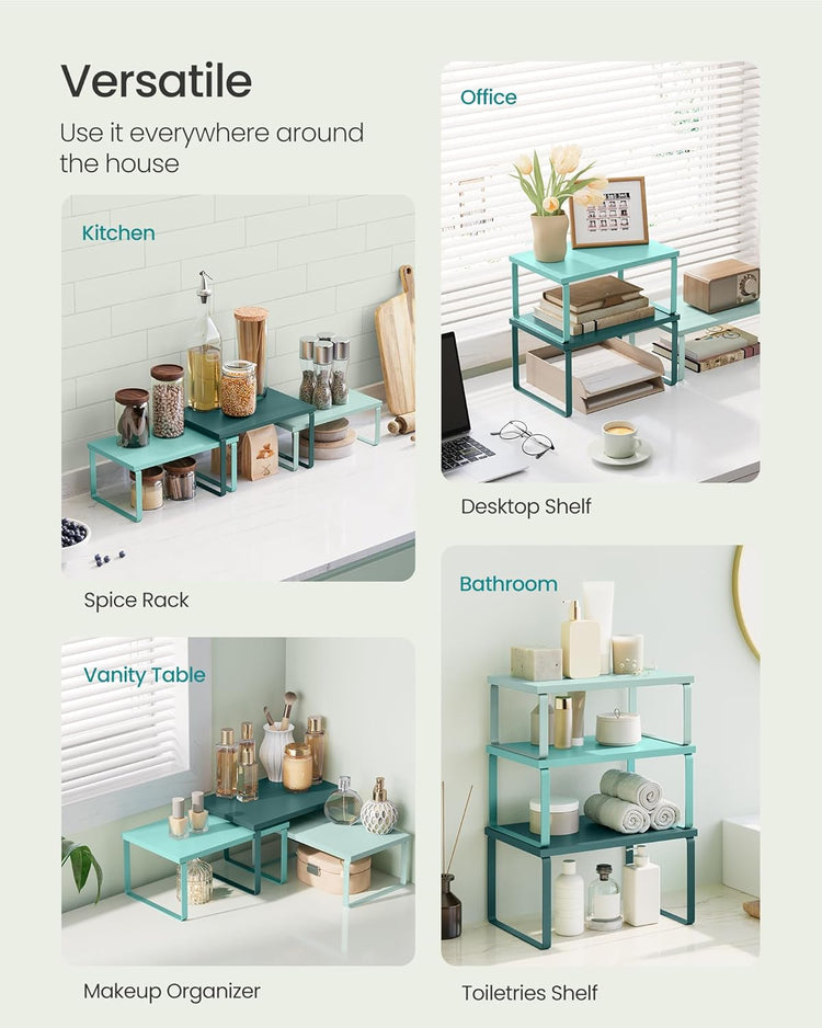 SONGMICS Cabinet Organizer Shelf, Set of 3 Kitchen Counter Shelves, Kitchen Storage, Spice Rack, Stackable, Expandable, Green UKCS220C01