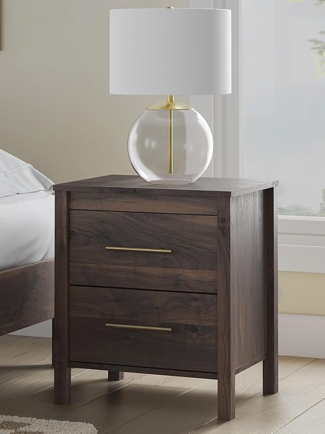 Signature Design by Ashley Calverson Rustic 2-Drawer Nightstand with Storage and Bar Pulls, Dark Brown