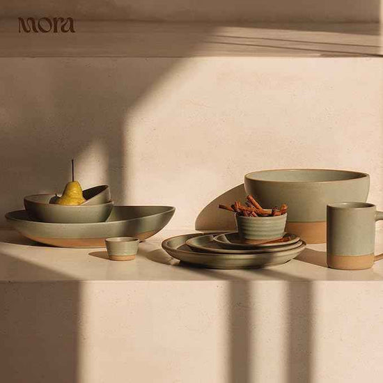 MORA Mega and Giant Serving Dishes Set of 2, 16 inch and 14 inch Ceramic Pottery Oval Platters - Microwave, Oven and Dishwasher Safe - Thyme & Mushroom