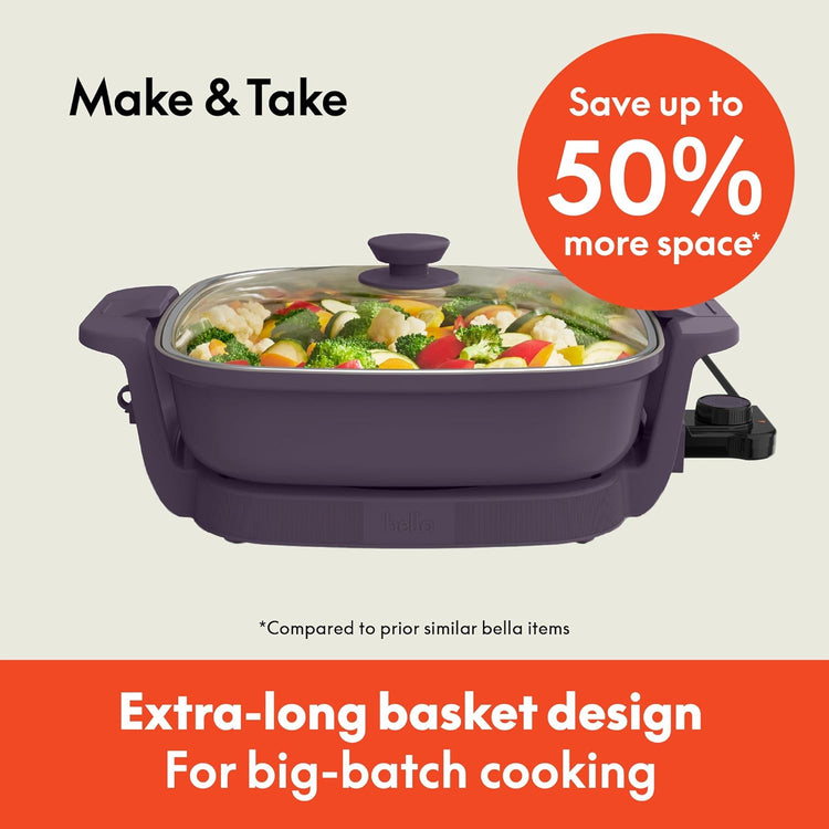 bella Make & Take Electric Skillet, Fits-anywhere™ kitchenware, EverGood™ Ceramic Coating, Adjustable Temperature & Dishwasher-Safe Tempered Glass Lid, Cast Aluminum Base, 1200 Watt, Plum