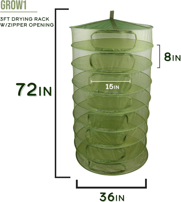 Grow1 3ft Drying Rack with Zipper Openings Collapsible Mesh Herb and Flower Hanging Dryer with Carrying Case for Secure Enclosed Drying