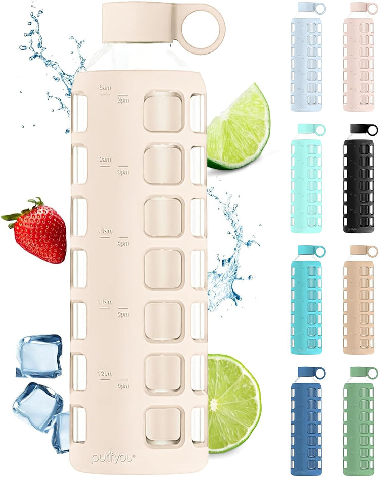 purifyou 40oz / 32oz / 22oz / 12oz Borosilicate Glass Water Bottle with Time & Volume Markers, Silicone Sleeve, Stainless Steel Lid – Reusable Glass Bottle for Water & Juice (32oz Pearled Ivory)