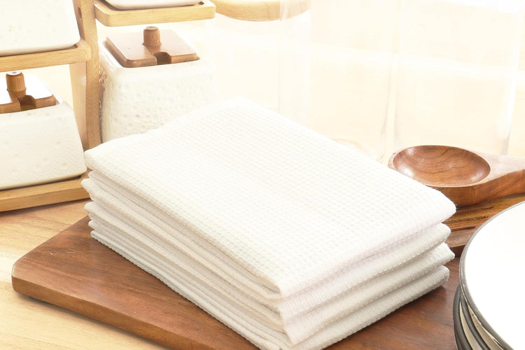 PurpleEssences Waffle Weave Kitchen Towel, 100% Cotton - 15 x 25 Inches, with Hanging Loop Ultra Soft Absorbent Quick Drying Dish Cloth, Tea and Hand Towels, 6 Pack - Spring Summer - White - Nestoria