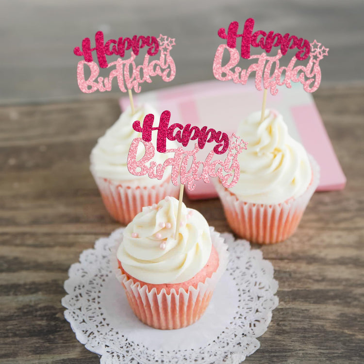 24Pcs Happy Birthday Cupcake Toppers Double Layer Glitter Happy Birthday Cake Decorations for Celebrating Baby Shower Theme Kids Boys Girls Birthday Anniversary Party Supplies Rose Red Pink (24 Count)