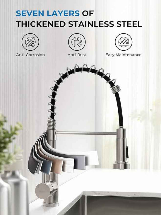 WEWE Kitchen Sink Faucet, Kitchen Faucets with Pull Down Sprayer Stainless Steel Single Handle Single Hole Brushed Nickel Commercial Industrial Spring Pull Out Laundry Farmhouse Kitchen Faucet