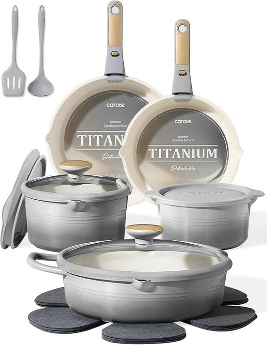 CAROTE 17Pcs Titanium Cookware Set, Pots and Pans Set Non Stick, Kitchen Cooking Set with Detachable Handle, Non Toxic Induction Cookware, Dishwasher/Oven Safe