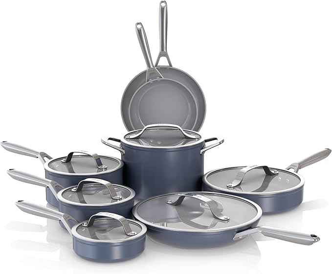 Ninja Ceramic Pro 14-Piece Cookware Set, Non-Stick Pots & Pans Set with Glass Lids, Nontoxic, PTFE Free, Ceramic Coated, Oven Safe, All Stovetops & Induction Compatible, Midnight Blue, CW39014MM