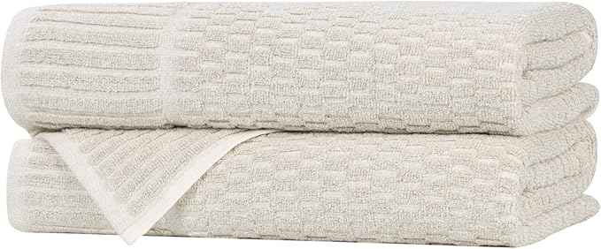 Superior Juno Viscose Cotton Blend Medium Weight Towels, for Bathroom, Shower, Spa, Plush, Quick Dry, Ultra-Soft Towels, Bath Essentials, Border Detail, Bath Towels, Set of 2, Beige