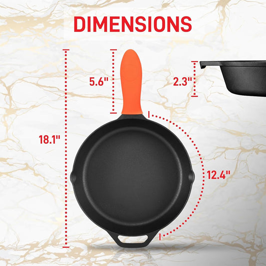 NutriChef 12-Inch Cast Iron Skillet w/Lid - Pre-Seasoned, Oven Safe, Nonstick, Cool-Touch Silicone Handle, For All Cooktops - NCCI12 - Nestoria