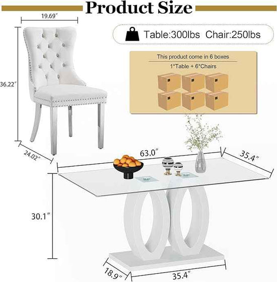 63" Glass Dining Table Set for 6, 7-Piece Rectangular Kitchen Table with Tempered Glass Top, White Double O-Shaped MDF Base, and 6 White Velvet Upholstered Chairs for Dining Room, Living Room, Office