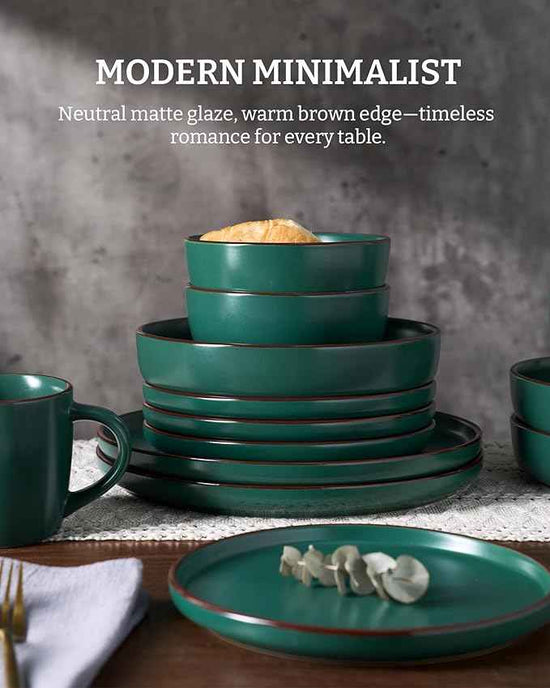 Famiware Mercury Plates and Bowls Sets, 18 Pieces Stoneware Dinnerware Sets, Dishes Set for 6, Microwave and Dishwasher Safe, Dark Green