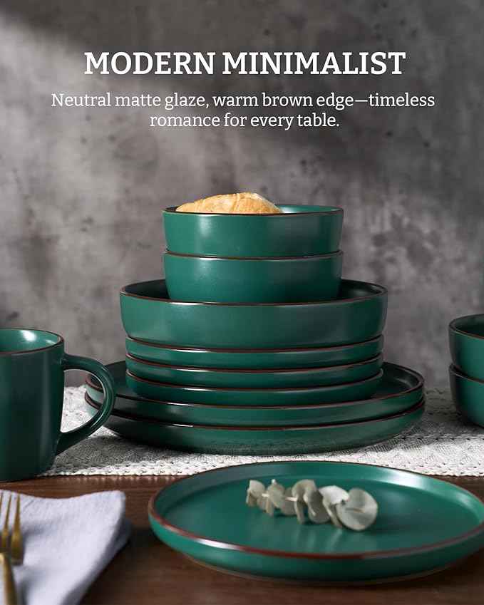 Famiware Mercury Plates and Bowls Sets, 18 Pieces Stoneware Dinnerware Sets, Dishes Set for 6, Microwave and Dishwasher Safe, Dark Green