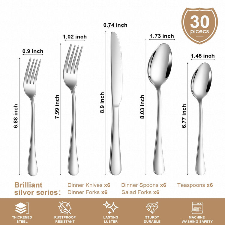 Silverware Set 30 Piece Stainless Steel Flatware Set Silverware Utensils for 6 People Includes Forks Knives Spoons & Salad Forks Dishwasher Safe for Home Restaurant or Outdoor Use (30 Count)