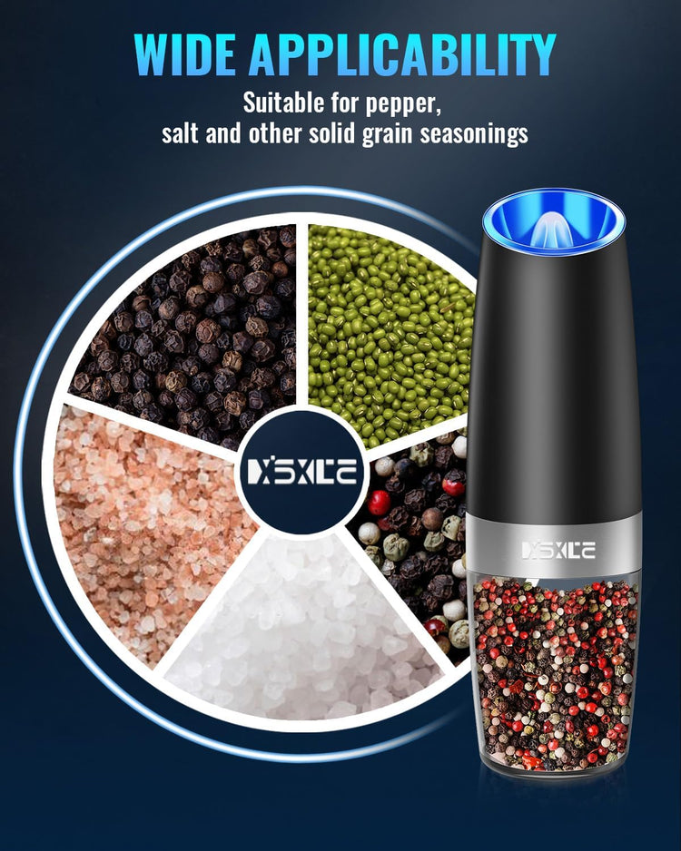 Gravity Electric Pepper and Salt Grinder Set, Adjustable Coarseness, Battery Powered with LED Light, One Hand Automatic Operation, Stainless Steel Black, 2 Pack