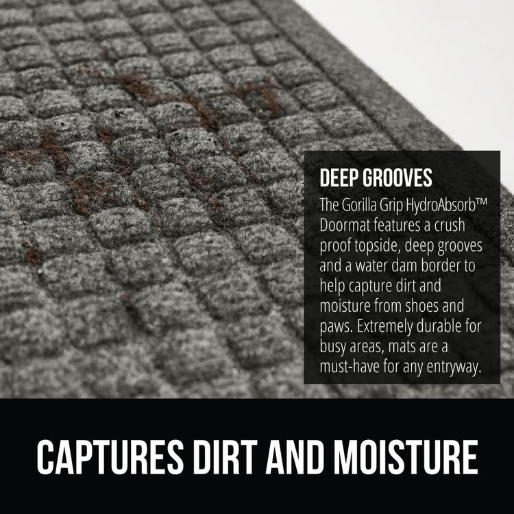 GORILLA GRIP Front Door Mat, Indoor Outdoor Ultra Absorbent HydroAbsorb Doormat, Absorbs Up to 1.7 Cups of Water, Stain and Fade Resistant, Rubber Backing Doormats, Captures Dirt, 29x17 Gray