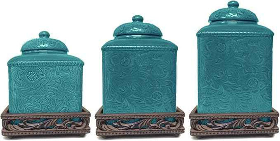 HiEnd Accents Savannah 3 Piece Ceramic Dinnerware Square Canister Set with Base, Turquoise Tooled Leather Floral Pattern, Modern Rustic Western Style