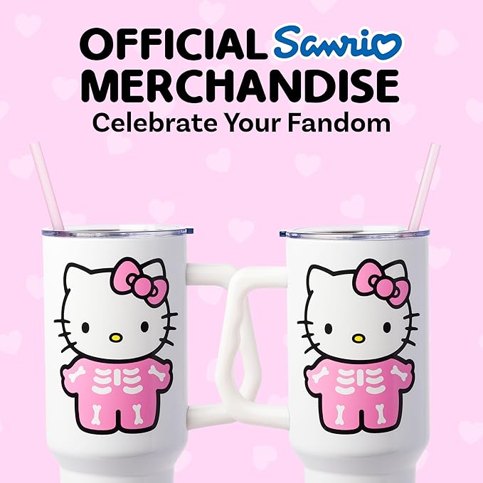Silver Buffalo Sanrio Hello Kitty Halloween Spooky Skeleton Costume Double Walled Stainless Steel Tumbler with Handle and Straw, Fits in Standard Cup Holder, 40 Ounces
