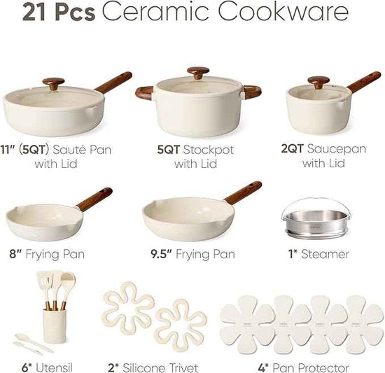 CAROTE 21pcs Cookware Set Nonstick Pots and Pans Set, Ceramic Cookware Set Induction Cookware, Non toxic Healthy Non Stick Kitchen Cooking Set, PFAS PTFE Free, White