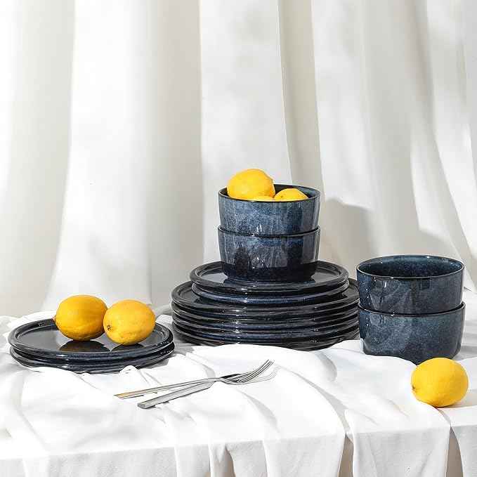 Stone Lain Eden 24-Piece Dinnerware Set Stoneware, Plates and Bowls Set, Dishwasher and Microwave Safe Dish, Dish Set for 8, Dark Blue