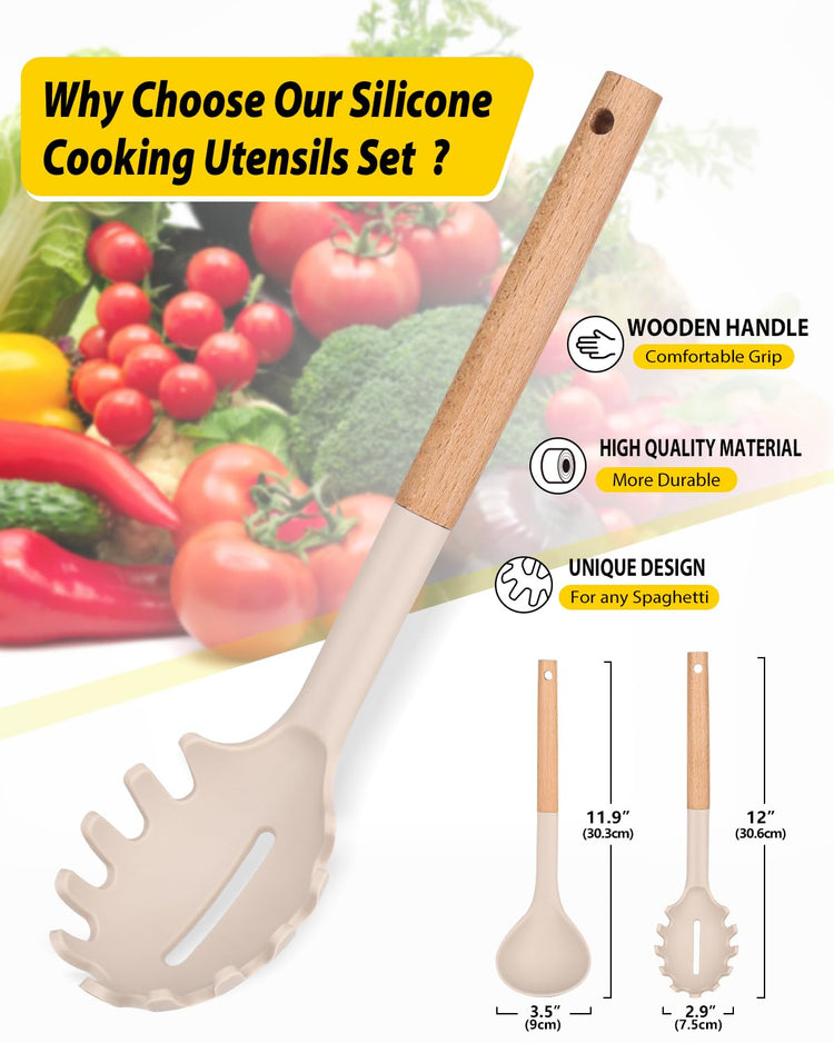 Silicone Pasta Fork and Ladle Spoon Set with Wooden Handle (2 Count)