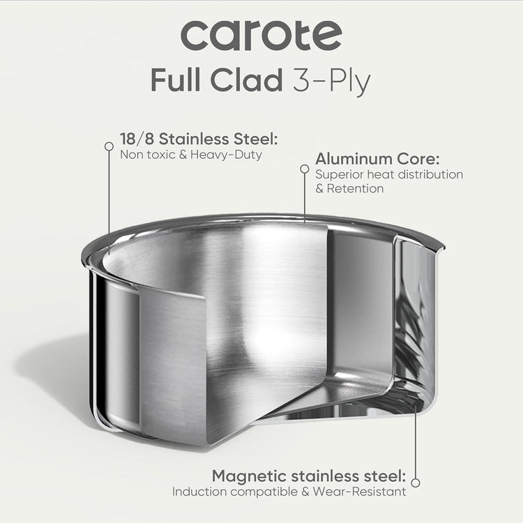CAROTE Stainless Steel Sauce Pan with Detachable Handle, 1.5QT&2QT&3QT 8pcs Saucepan with Lid, Stainless Steel Pot, Nonstick Induction Kitchen Cookware, Removable Handle, Oven Safe, Woodgrain