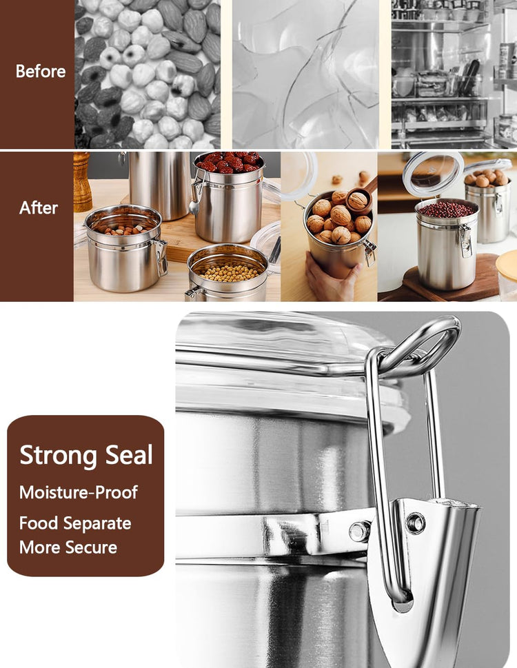 Coffee Canister 4 Pcs Stainless Steel Food Container with Clear Lids Airtight Container Stackable Canisters Kitchen Pantry Storage for Cereal