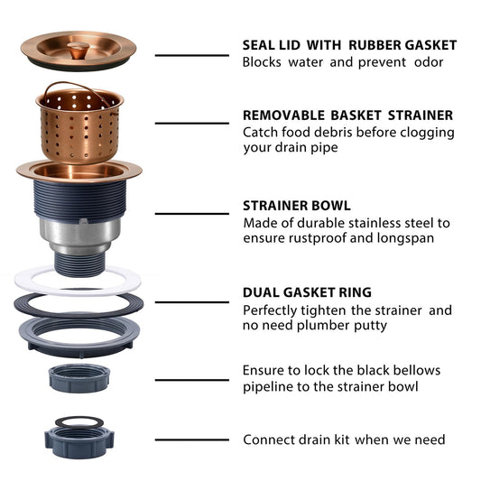 3/1-2 Inch Sink Drain Assembly Antique Copper Kitchen Sink Drain Kit Copper Stainless Steel Sink Basket Strainer Rubber Stopper, Sealing Lid/Removable Deep Waste Basket for Home, Kitchen