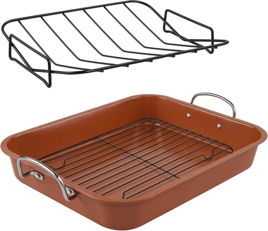 KitCom Nonstick Roasting Pan, Roaster with Cooling Rack and V-Rack - 16 Inch Rectangular Turkey Roaster Lasagna Pan for Easter, Thanksgiving & Christmas, Dishwasher Safe, Bronze - Nestoria