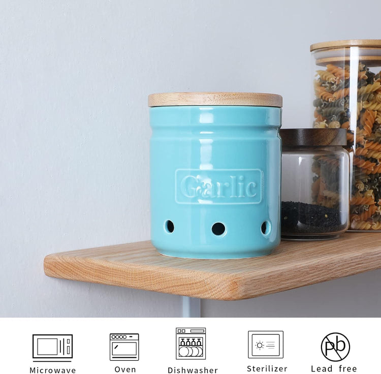 Large Garlic Keeper with Wooden Lid, Ceramic Garlic Holder Storage, Garlic Container for Kitchen, Garlic Saver to Keep Your Garlic Cloves Fresh Longer 4.5-Inch, Turquoise