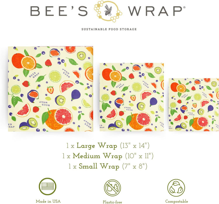Bee's Wrap Beeswax Wraps for Food - Fresh Fruit 3 Pack (S, M, L) Made in USA Reusable & Organic Food Wraps, Sandwich Wrap & Bowl Covers - Eco-Friendly Alternative to Aluminum Foil & Plastic Wrap
