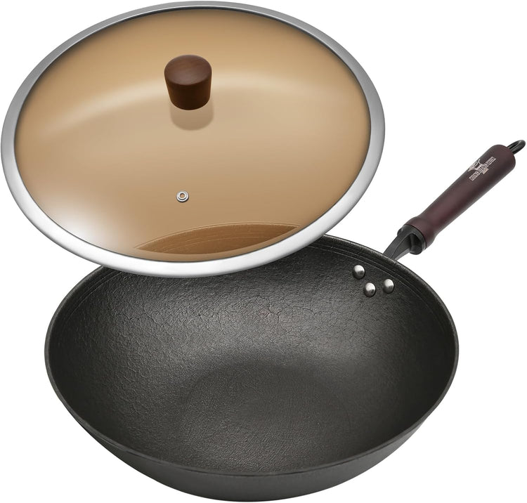 HONGJIANG Cast Iron Wok Pan, 11.8" Pre-Seasoned Flat Bottom Wok,Coating-Free Wok Stir Fry Pan With Glass Lid,Compatible Traditional Chinese Wok For Induction, Electric, Gas,Open Fire