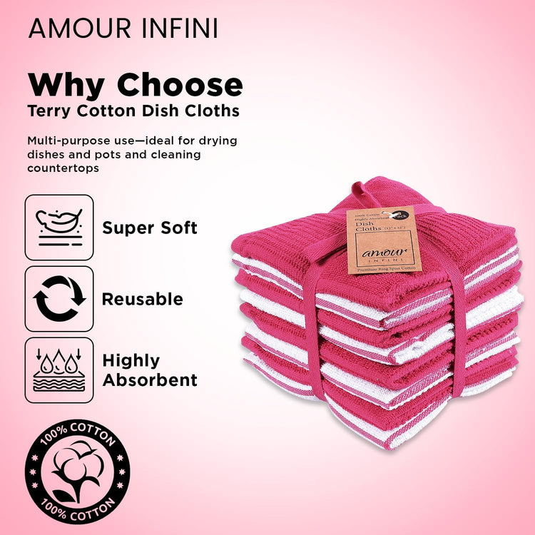 AMOUR INFINI Dish Cloths for Washing Dishes Set of 8 - Highly Absorbent, Super Soft Kitchen Dishcloths - Reusable Quick Dry Dish Rags for Cleaning & Drying Kitchen Linens (12x12 Inch - Pink) - Nestoria
