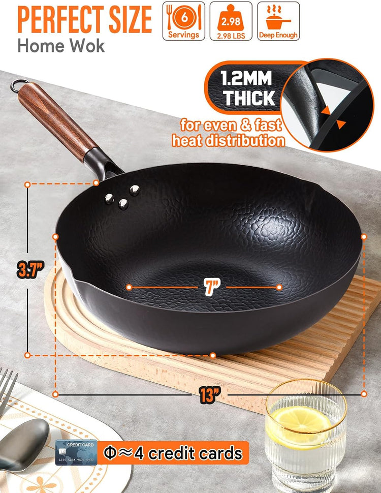 Carbon Steel Wok Pan, 5 Piece Authentic Chinese Wok & Stir-Fry Pans Set with Wooden Lid, No Chemical Coated Flat Bottom Chinese Woks Pan for All Stoves-13“