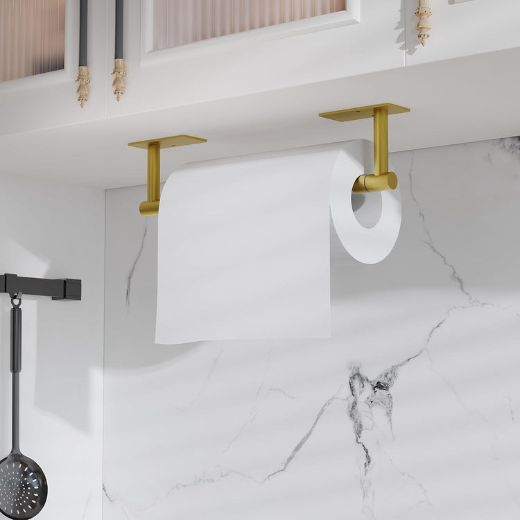 Ruacq Brushed Gold Paper Towel Holder Double Post Pivoting Square Base Under Cabinet Paper Towel Holder for Kitchen Self-Adhesive or Drill mounting