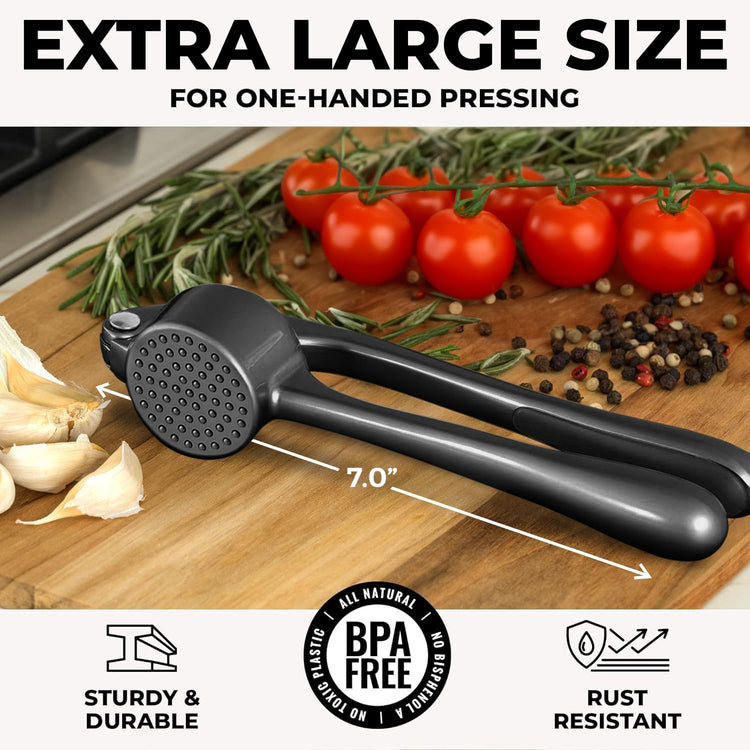 Zulay Kitchen Large Premium Garlic Press Set - Bigger Bowl for Bigger Garlic - Rust Proof & Dishwasher Safe Garlic Mincer Tool - Easy-Squeeze, Easy-Clean Silicone Garlic Peeler & Brush (Dark Gray)