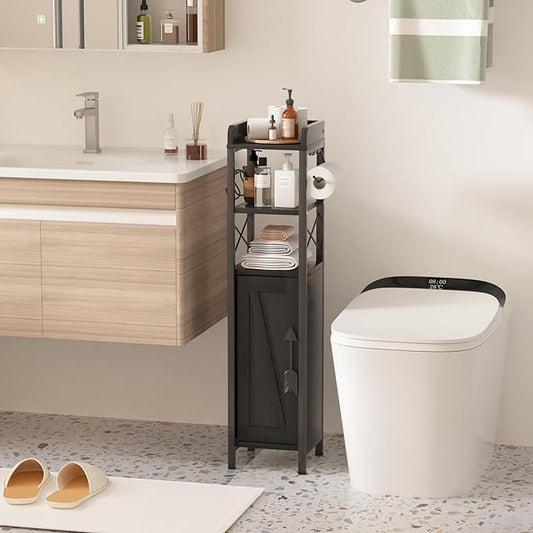 VECELO Small Bathroom Cabinet,Slim Toilet Paper Holder with Door&2 Shelves, Upgraded Narrow Storage Organizer for Restroom Bathroom Tiny Space,Metal Scroll Fenced Top Waterproof Coating,Black