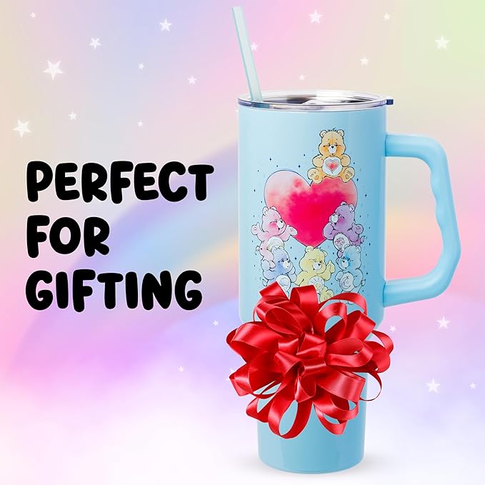 Silver Buffalo Care Bears Watercolor Featuring Tenderheart, Cheer, Grumpy, Funshine, Bedtime, Share Bear Double Walled Stainless Steel Tumbler w Handle & Straw, Fits in Standard Cup Holder, 40 Ounces