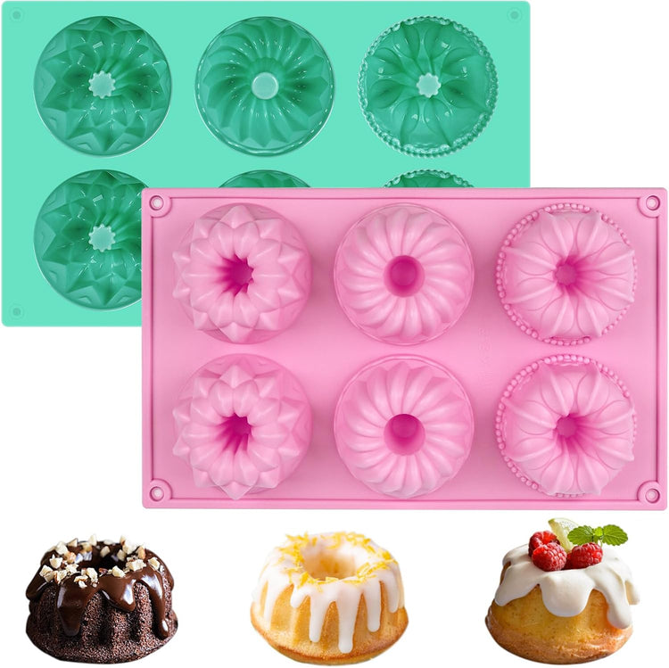 HUAKENER 2 Pcs Mini Fluted Cake Pan, 6-Cavity Fluted Tube Cake Pan, Non-stick Silicone Baking Mold for Cupcakes, Donuts, Cornbread, Brownies, Jellies
