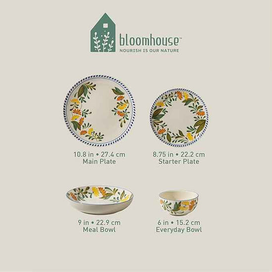 Bloomhouse - Two Time Oprah's Favorite Things Winner - Posy Blossom Double Bowl Hand Painted Stoneware Plates and Bowls Floral Dinnerware Set, Service for Four (16pcs)