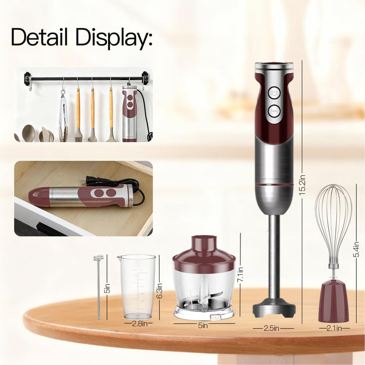 5-in-1 Hand Blender Set with Variable Speed Control, 400W Immersion Blender - Includes Whisk, Milk Frother, Chopper, and Beaker for Smoothies, Soups, and Baby Food (RED)