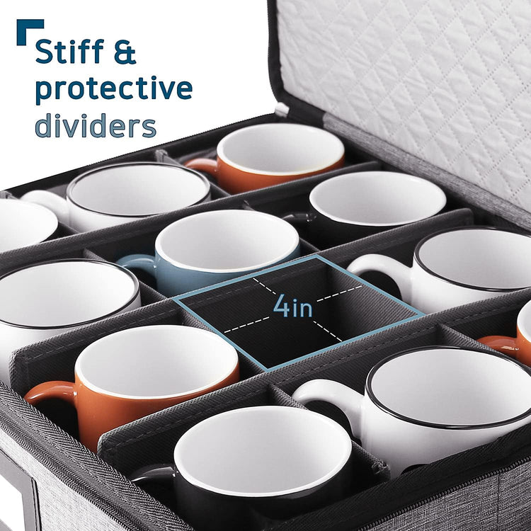Hearth & Harbor Coffee Mug Storage, Quilted and Stackable Coffee Cup Storage Organizer for Service of 12, Mug Storage Box with Dividers, China Containers Hard Shell for Moving and Organization, Grey