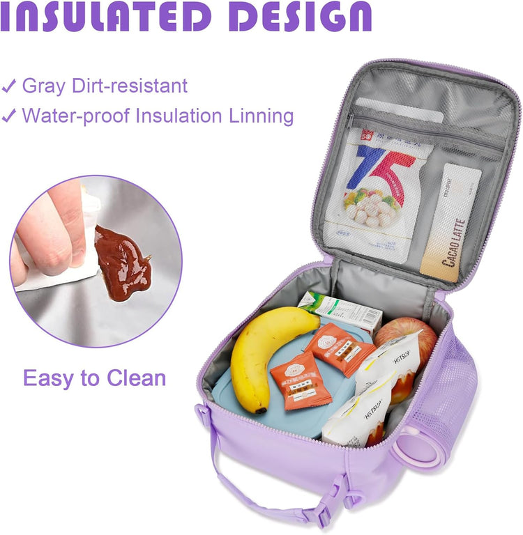 Initial Insulated Lunch Bag for Girls Kids, Back to School Gift, Reusable Leak-proof Lunch Box with Adjustable Strap for School Daycare Travel Picnic (Purple,K)