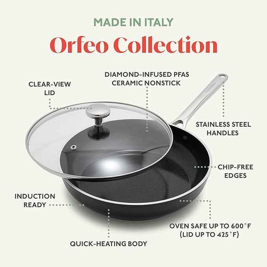 Orfeo 3QT Nonstick Saute Pan with Lid, Made in Italy, Diamond Ceramic PFAS-Free Cookware, Induction Ready, Scratch Resistant, Laser-Fused Surface for Durability, Dishwasher Safe, Black