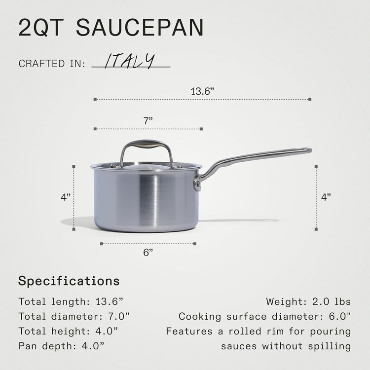 Made In Cookware - 2 Quart Saucepan with Lid - Stainless Clad 5 Ply Construction - Induction Compatible - Professional Cookware - Made in Italy - Nestoria