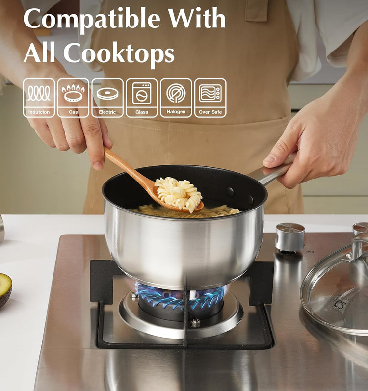 KOCH SYSTEME CS Stainless Steel Saucepan Set, 1 Quart & 2 Quart Sauce Pan Sets with Nonstick Coating, Stainless Steel Pot Set, Induction Steel Pots, Easy to Clean, Oven Safe