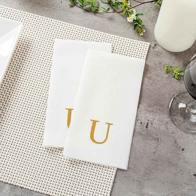 Luxenap 15.8 X 7.9 Inch Linen-Feel Guest Towels, 50 Lettered Hand Towels - Gold Letter 'U', Sans Serif Font, White Paper Dinner Napkins, airlaid, For Restrooms And Tables