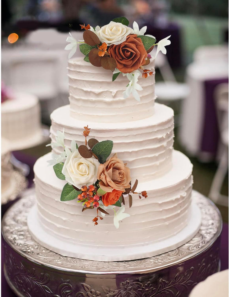 Rinlong 3Pcs Cake Topper Set Artificial Flowers for Cake Decor Burnt Orange Fall Wedding Cake Decorating Flowers for Baby Shower Birthday Party