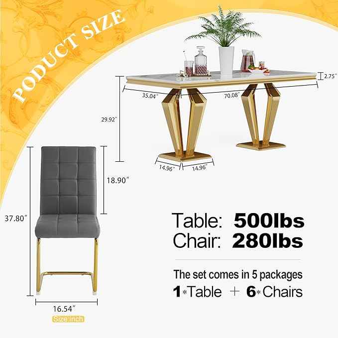 7 Piece Luxury Dining Room Set, Modern Dining Table and Upholstered Chairs Set, Marble Kitchen Table Set for 6, Big Kitchen Dinner Tables Kit with Gold Base