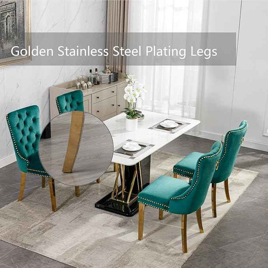 Velvet Dining Chairs Set of 6, Upholstered Dining Room Chairs with Back Ring Pull Trim and Golden Stainless Steel Legs,Modern Kitchen Chairs Perfect for Dining Room,Living Room,Kitchen(Green)